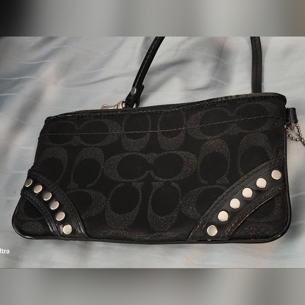 Coach Black Logo Jacquard Studded Wristlet